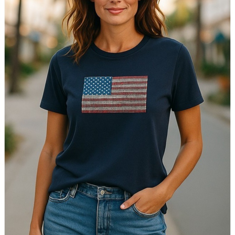 St John Sport Short Sleeve T-Shirt Top‎ Womens S Navy Studded Red White Blue USA